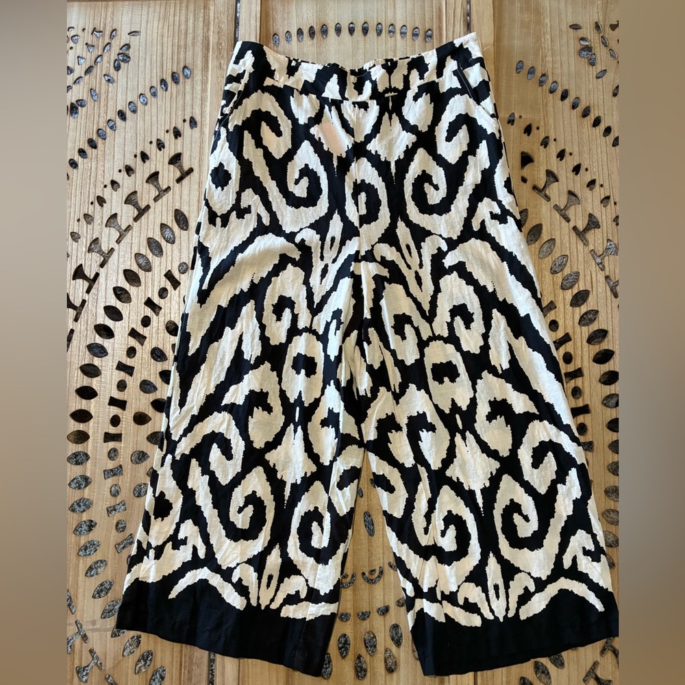 🌟NWT🌟Rachel Zoe Black & Cream  Linen Printed Wide Leg Pants